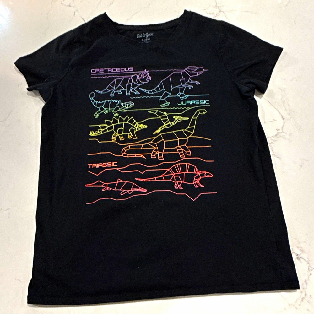 Cat & Jack Girls XL 14/16 Black Dinosaur Graphic Cotton Crewneck Tee